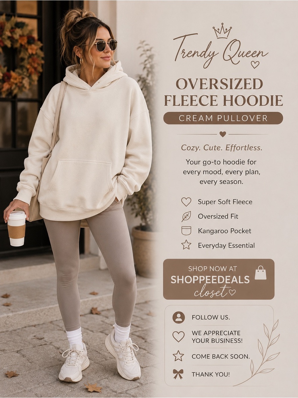 Trendy Queen Oversized Fleece Hoodie Cream Pullover with Kangaroo Pocket